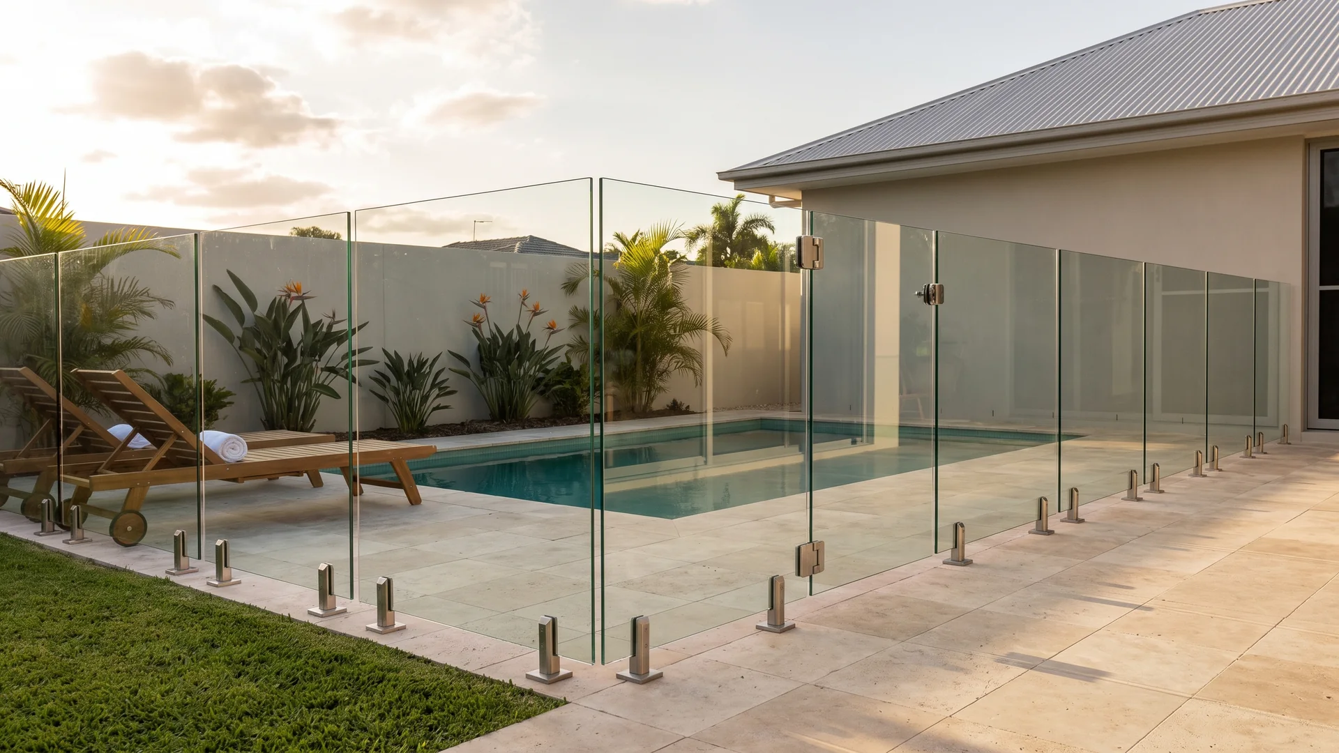 Frameless glass pool barrier on stainless spigots around a modern in-ground pool